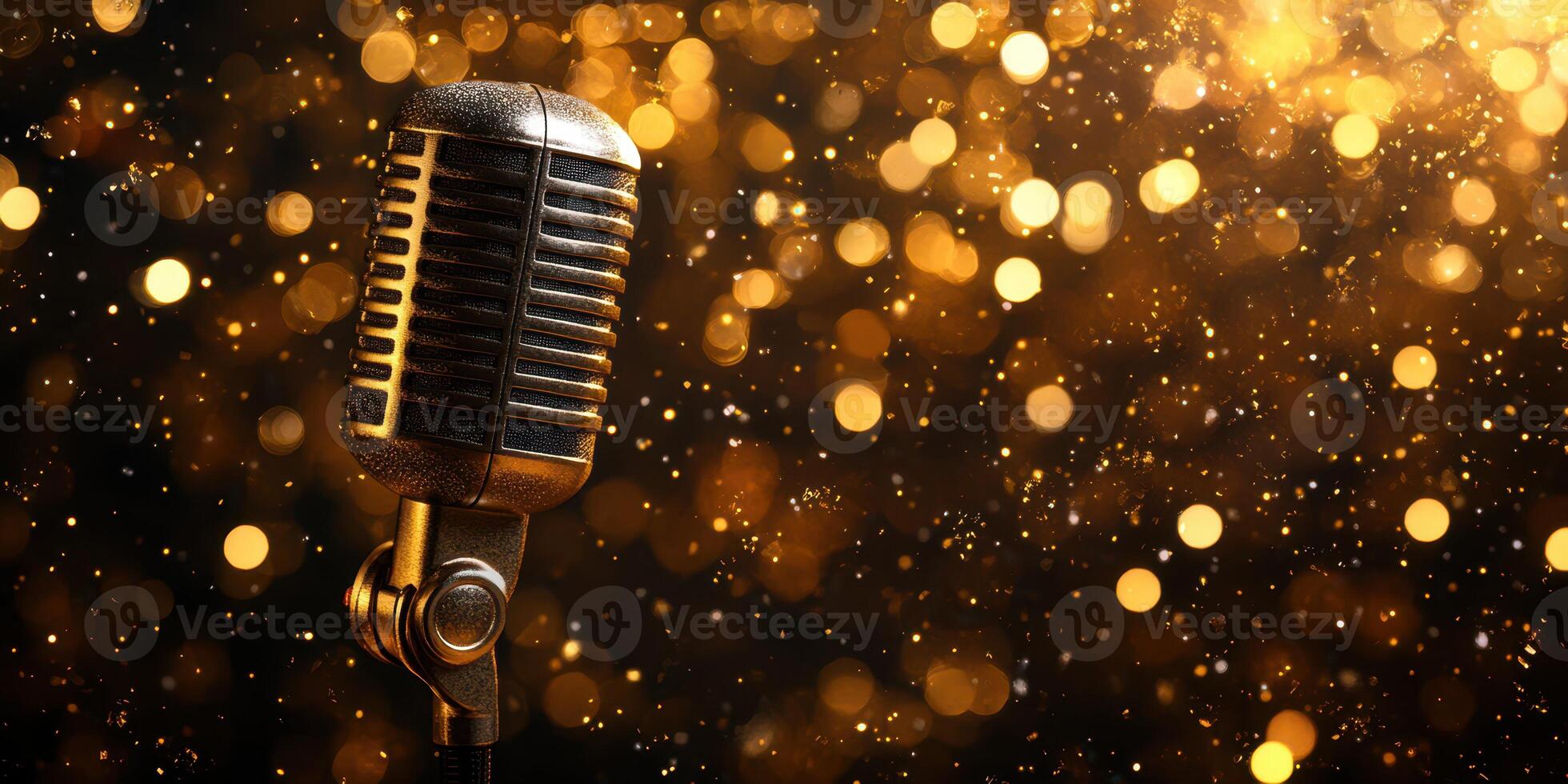 Vintage microphone surrounded by golden bokeh lights creates a festive ambiance for a performance or celebration photo