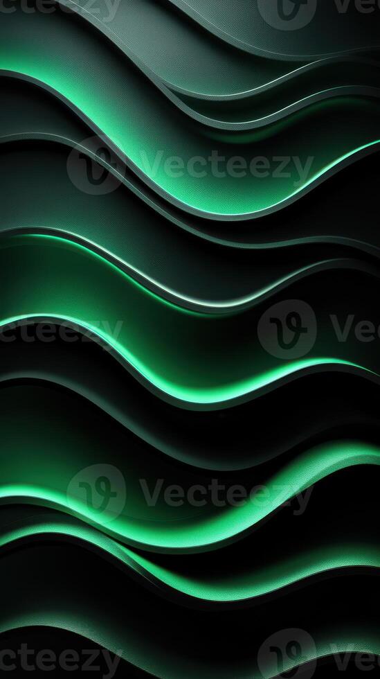 Flowing green waves create a dynamic abstract pattern showcasing depth and movement in a dark background photo