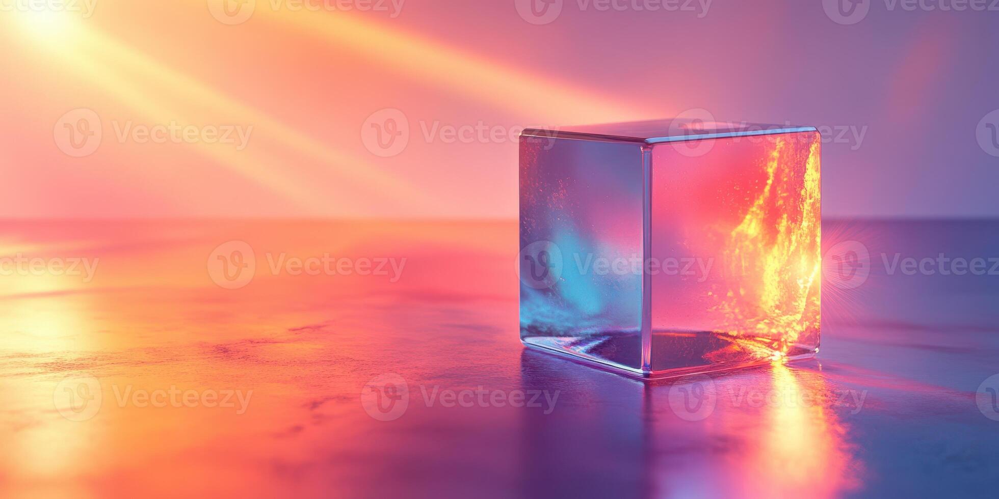 Abstract cube reflecting vibrant colors under warm lighting in a creative studio setup photo