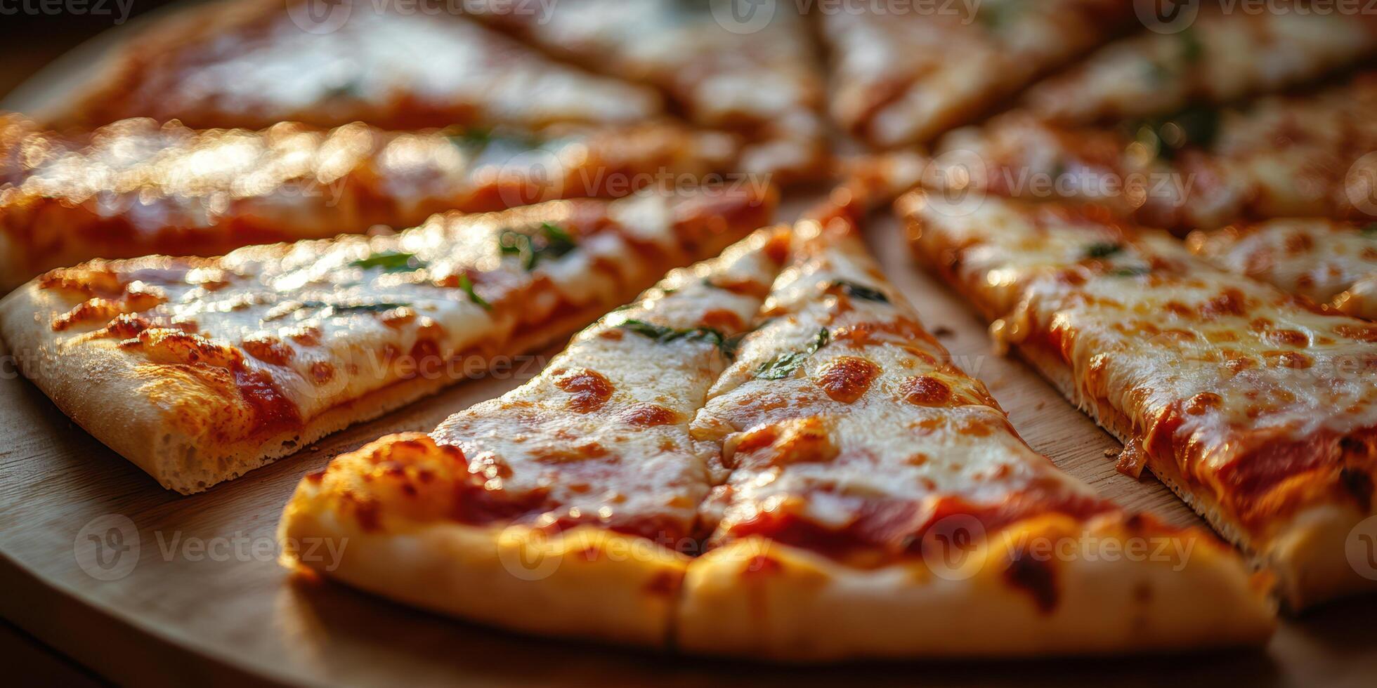 Freshly baked pizza slices arranged on a wooden serving board during sunset photo