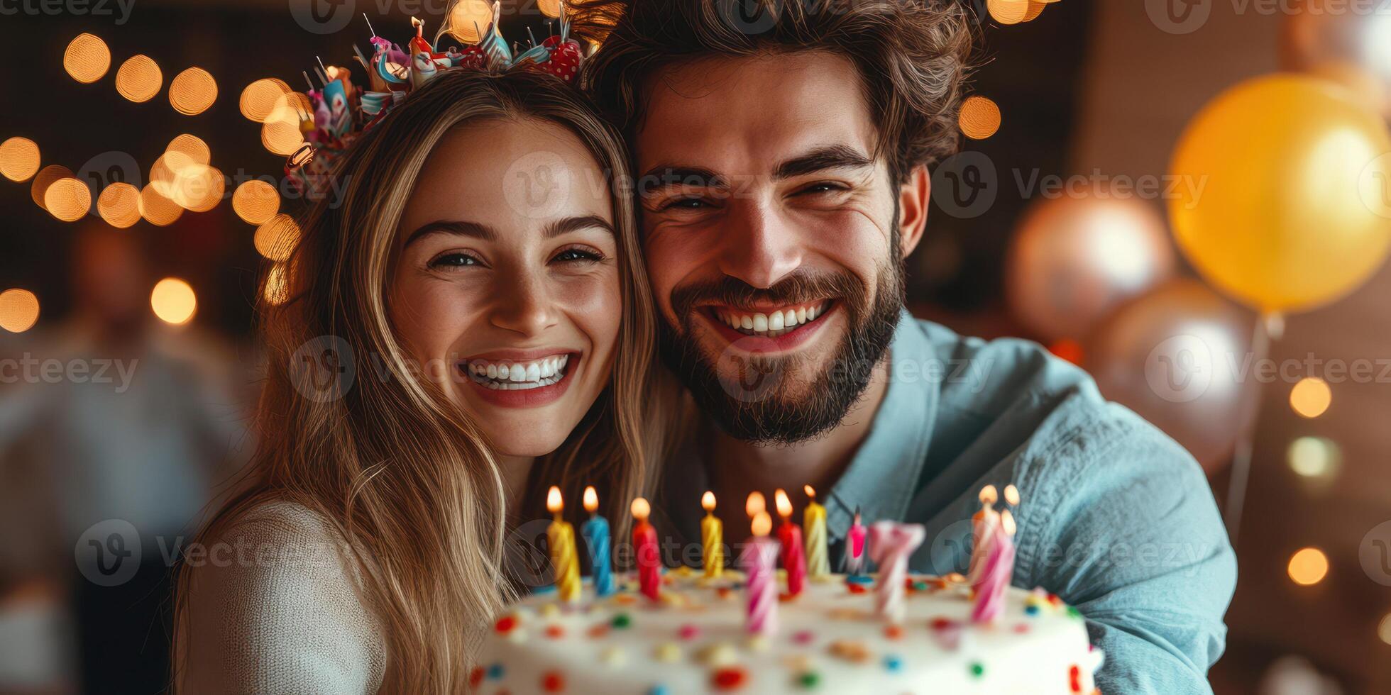 Joyful couple celebrates birthday with cake and colorful decorations in a festive indoor setting photo