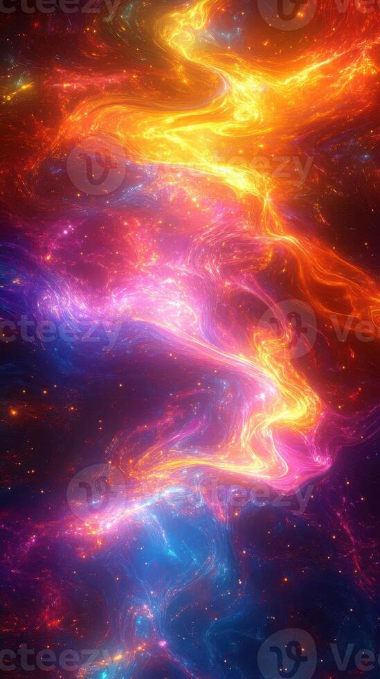 Colorful cosmic swirl displaying vibrant hues of orange, pink, yellow, and blue against a dark backdrop in a mesmerizing celestial view photo