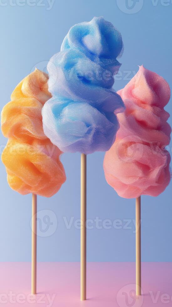 Colorful cotton candy sticks displayed on a pastel-colored background at a fair or carnival photo