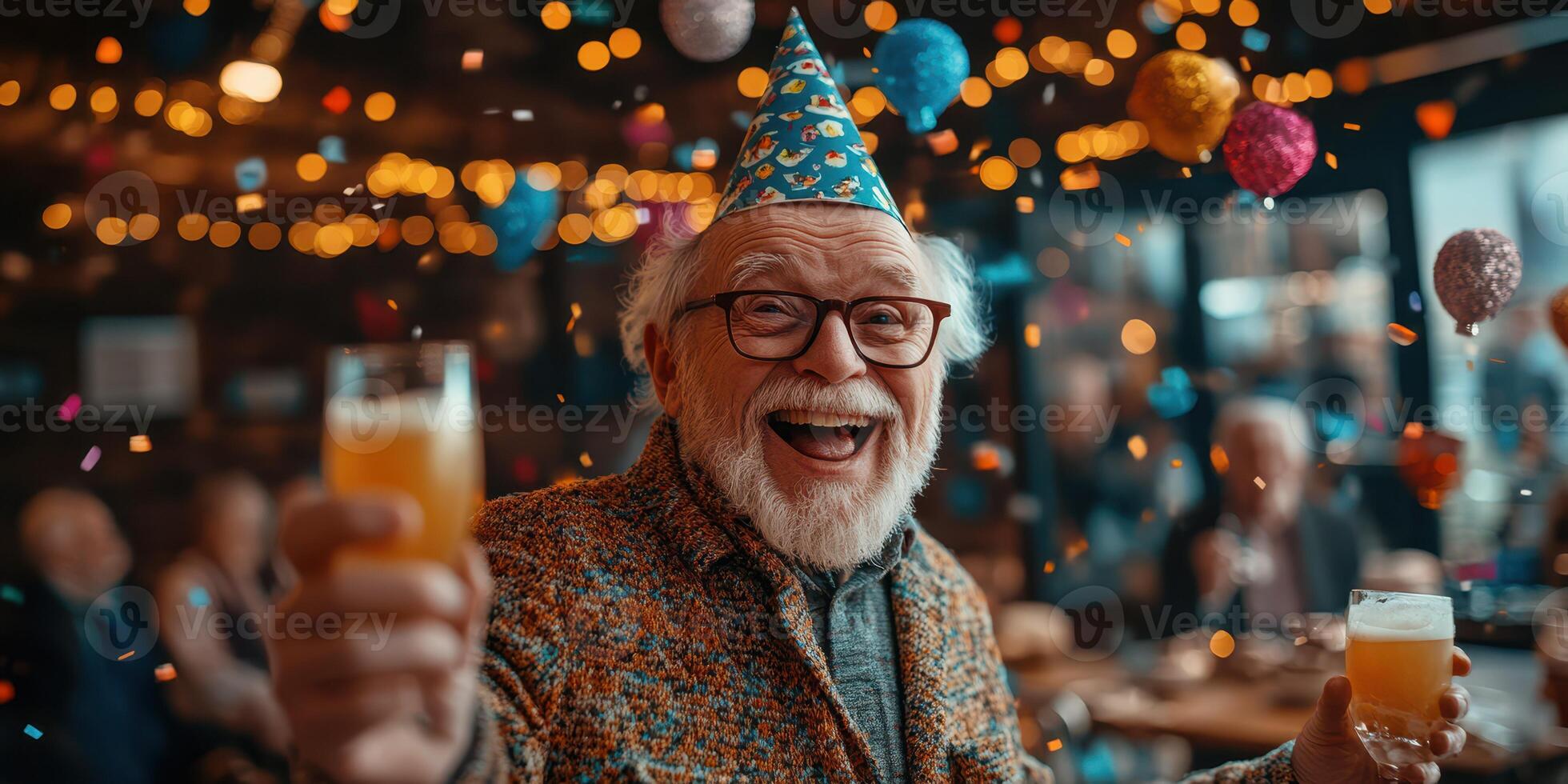 Celebration filled with joy as elderly man enjoys party with friends in lively atmosphere photo