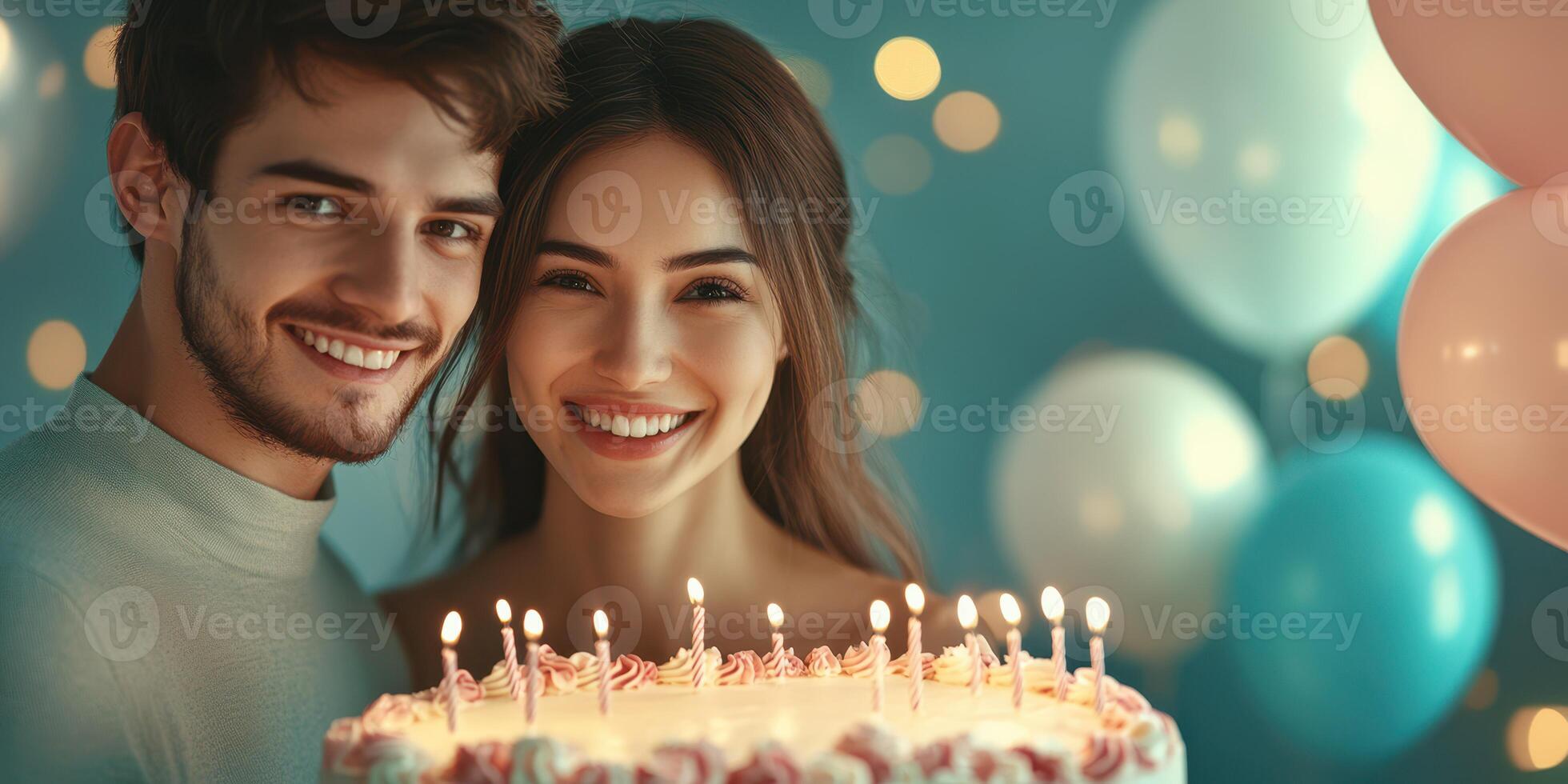 Couple celebrates special occasion with a cake surrounded by festive balloons and twinkling lights in a cheerful atmosphere photo