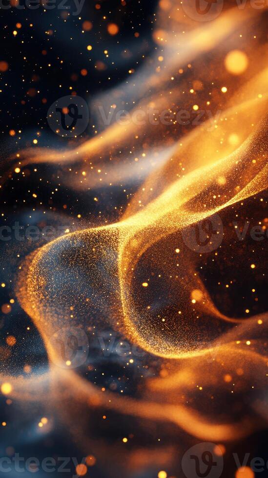 Swirling golden particles create a mesmerizing abstract design with hints of blue in a dark background photo