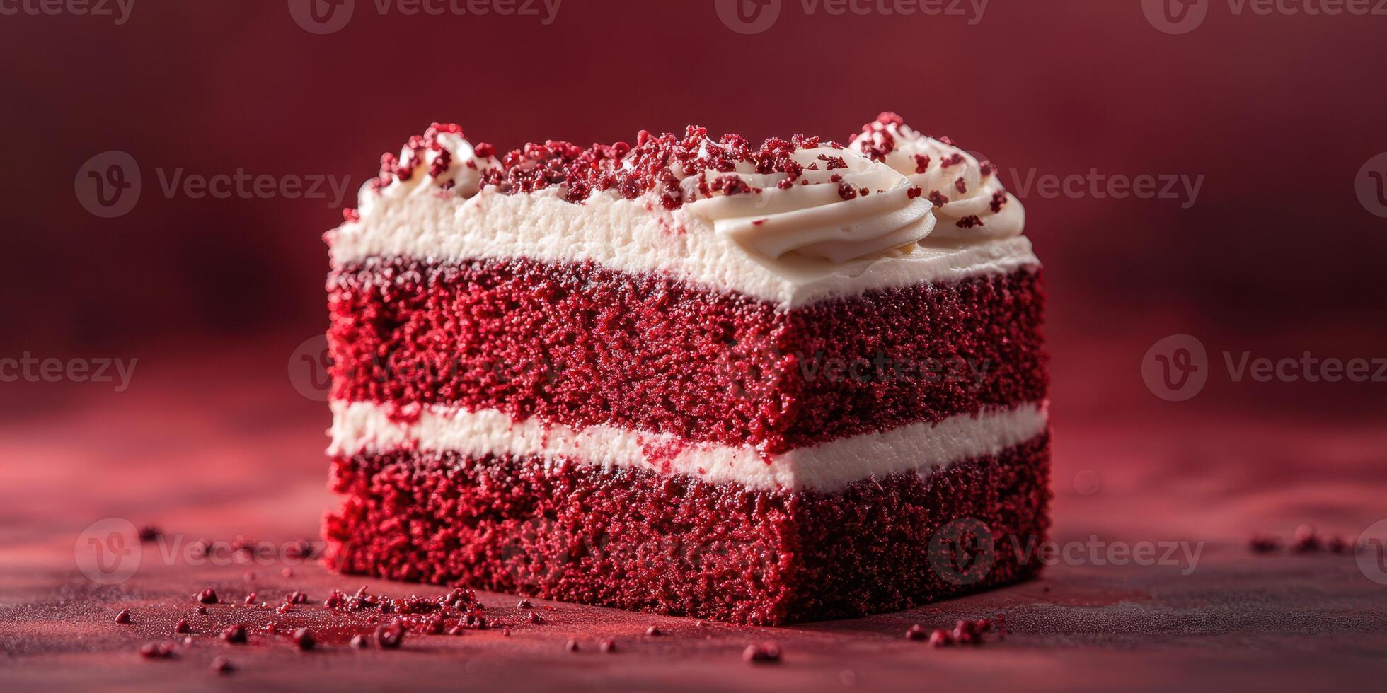 Delicious red velvet cake with cream frosting and sprinkles on a dark background photo