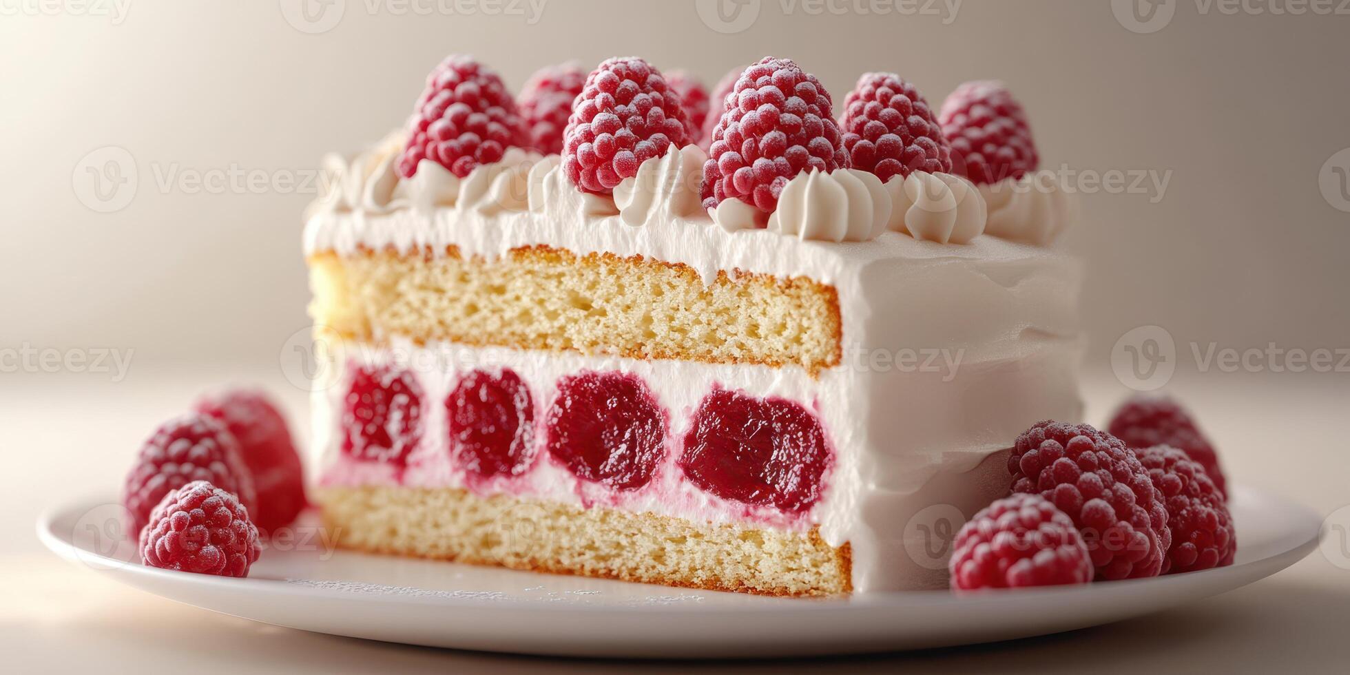 Fresh raspberry cake with layers of cream and jelly served on a white plate in a cozy setting photo