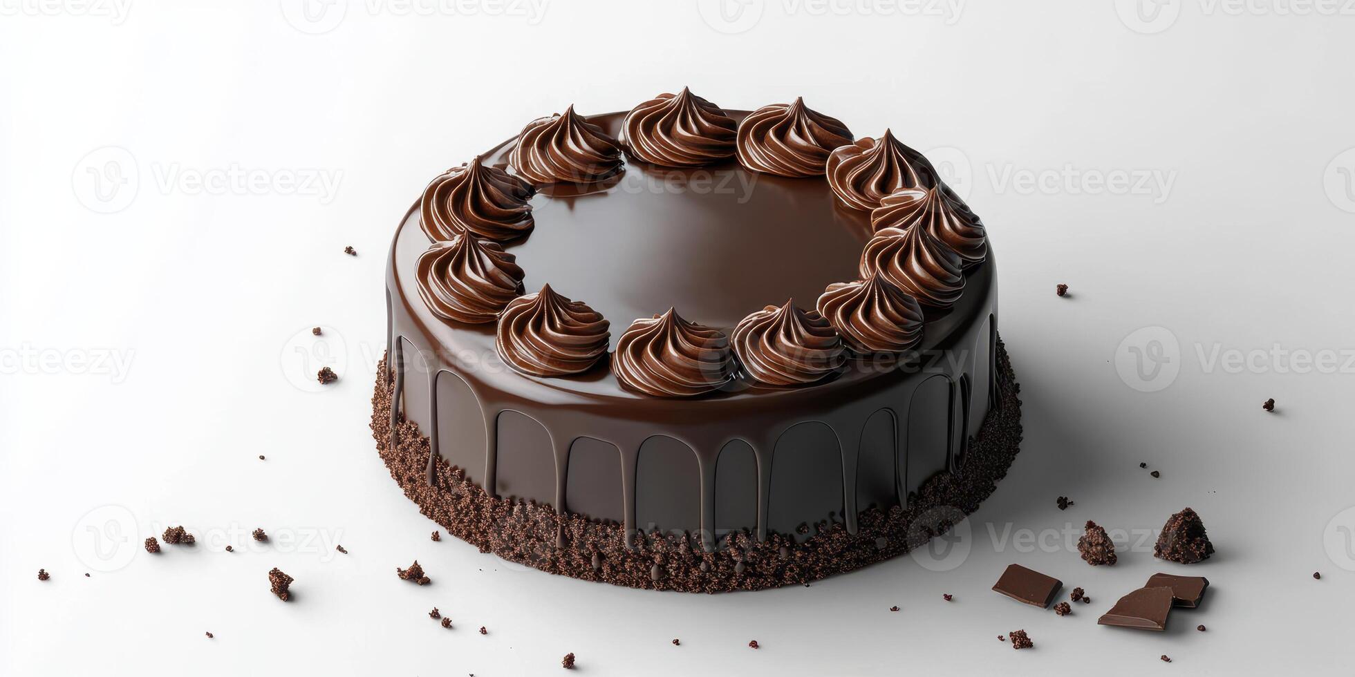 Delicious chocolate cake with glossy frosting and decorative swirls on top ready to be served photo