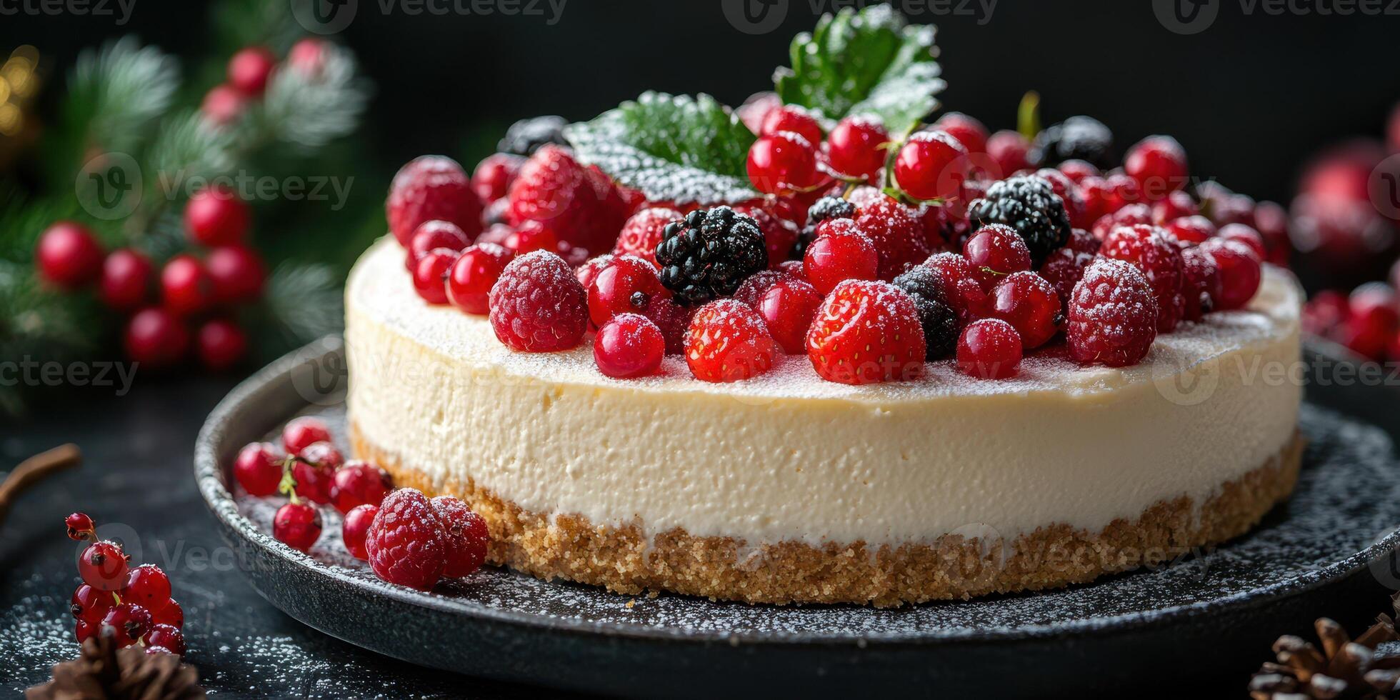 Delightful cheesecake topped with assorted berries and mint leaves for a festive dessert photo