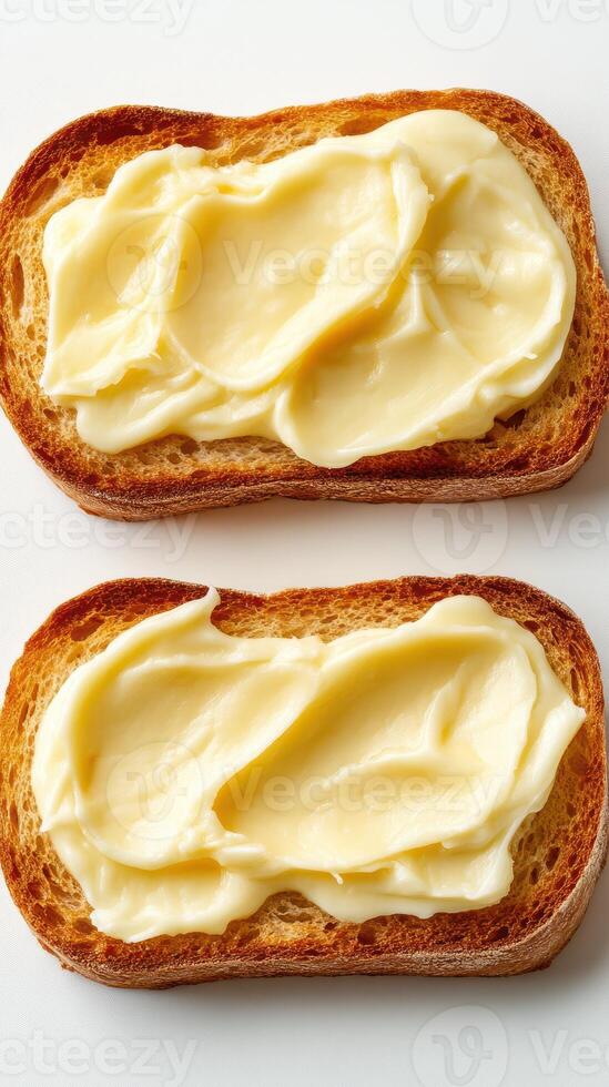 Slices of toasted bread topped with creamy butter on a white background photo