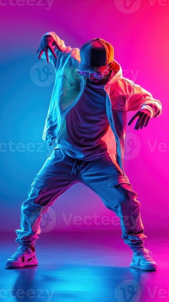 Energetic dancer performing under vibrant neon lights in a modern urban setting photo