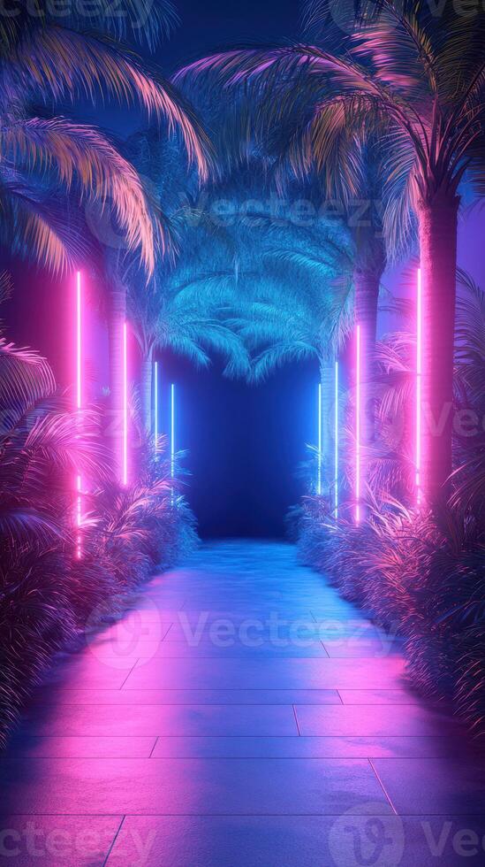 Vibrant neon-lit pathway surrounded by palm trees creates an enchanting atmosphere at night photo