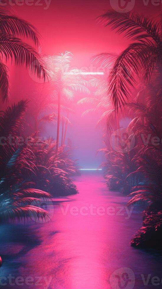 Vibrant neon-lit river surrounded by lush palm trees in a foggy tropical setting at night photo