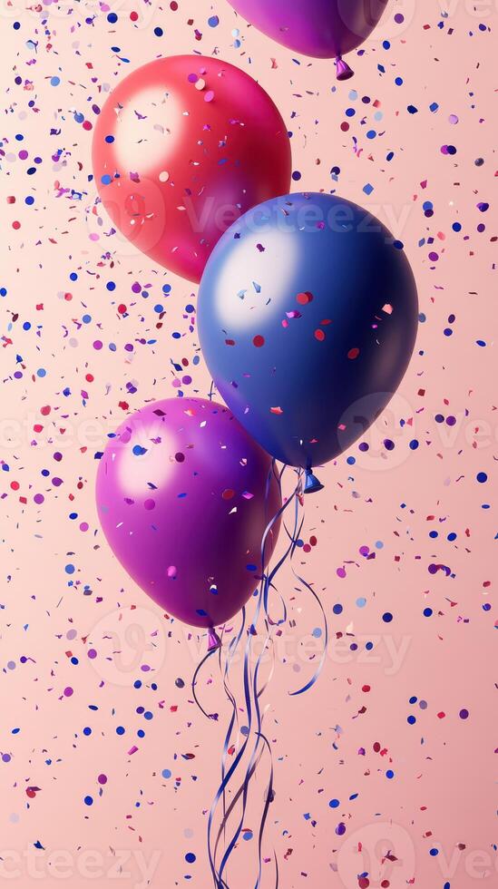 Colorful balloons floating amidst vibrant confetti create a festive atmosphere for celebrations photo
