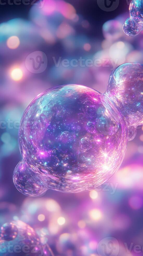 Colorful translucent bubbles floating in a dreamy, ethereal atmosphere with shimmering lights in the background photo