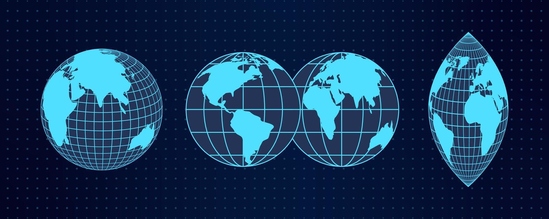 Geometric 3D wireframe spheres with grid lines and digital mesh. Global abstract planet shapes with blue latitude and longitude patterns. Futuristic y2k cyberpunk style. vector