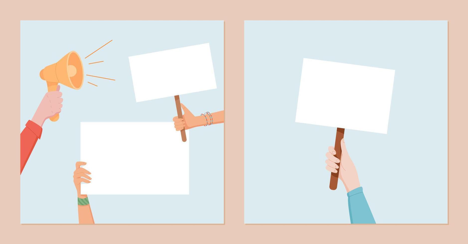 Diverse hands hold blank signs and a megaphone. People use this social media template set for protest, demonstrating community support with placards and emphasizing strength and unity through banners. vector