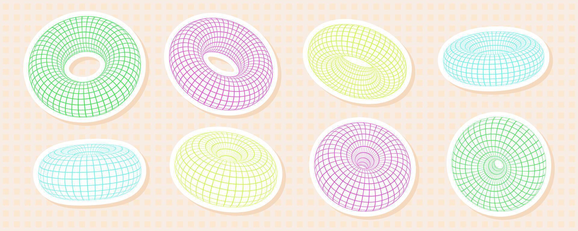 Brightly colored torus shapes in 3D with grid and wireframe mesh patterns. Abstract and retro Y2K donut sticker design, with vibrant geometric and futuristic elements. vector