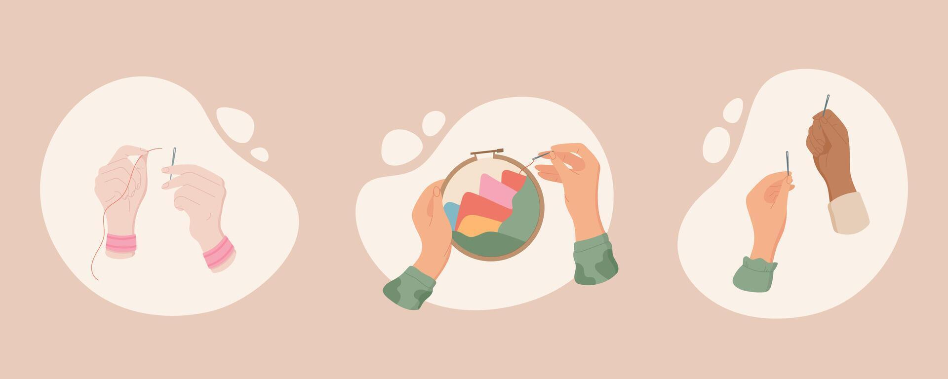 Hands sewing with needle and thread, embroidery in a hoop, tailor at work, sewing tools. Includes needle, thread, sew and tailor hand. Cute cartoon graphic style, flat design, hand illustration vector