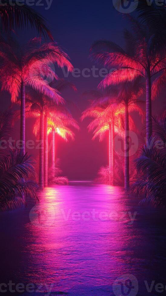 Vibrant neon lights illuminate palm trees lining a tranquil waterway at night photo