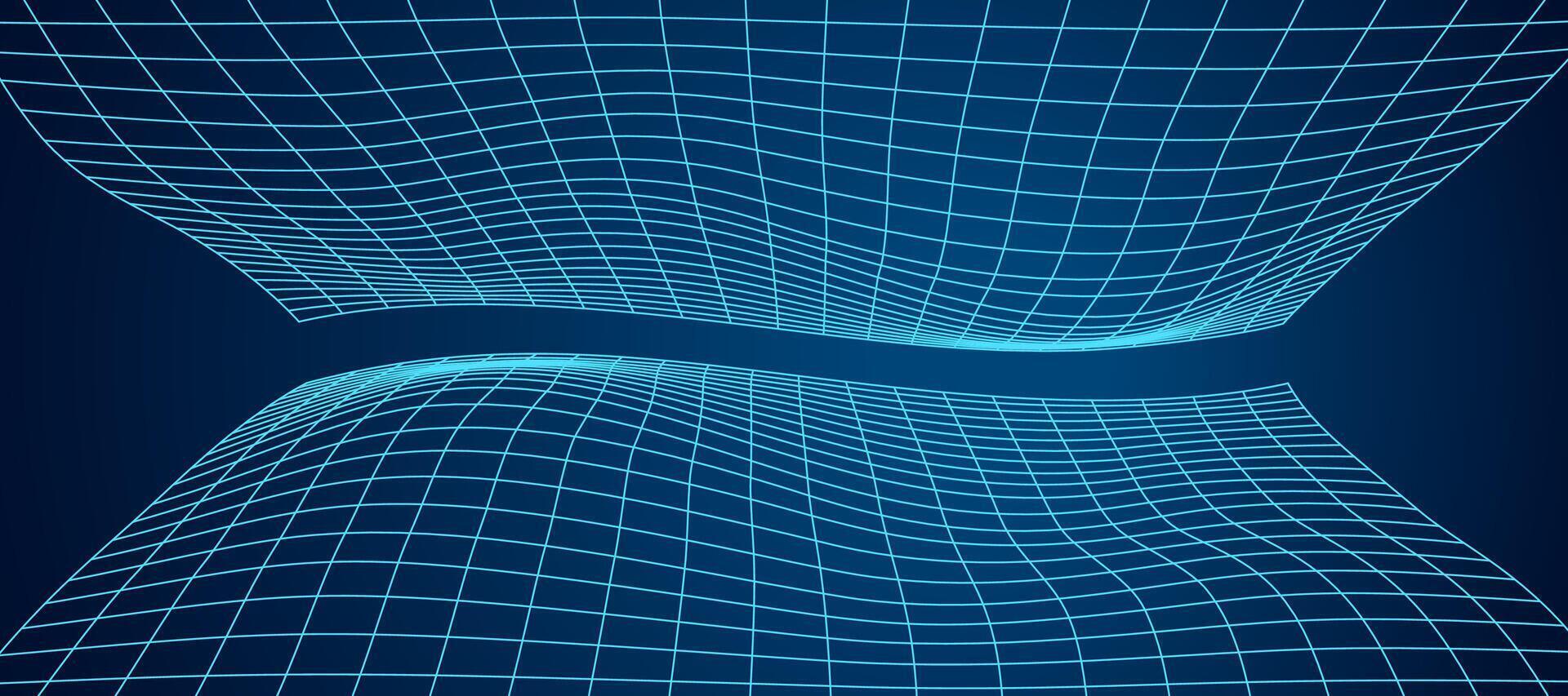 Abstract 3D grid shape with blue wireframe lines. Futuristic mesh and y2k design in geometric pattern. Digital art with tech elements and cyber style. Psychedelic structure. vector