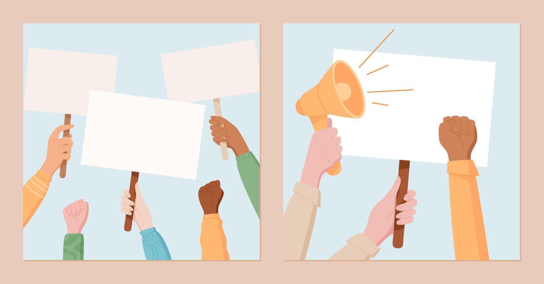 Hands hold blank protest signs with megaphone and raised fist. This social media template captures people in protest, demonstrating strong community support and solidarity with banners and placard. vector