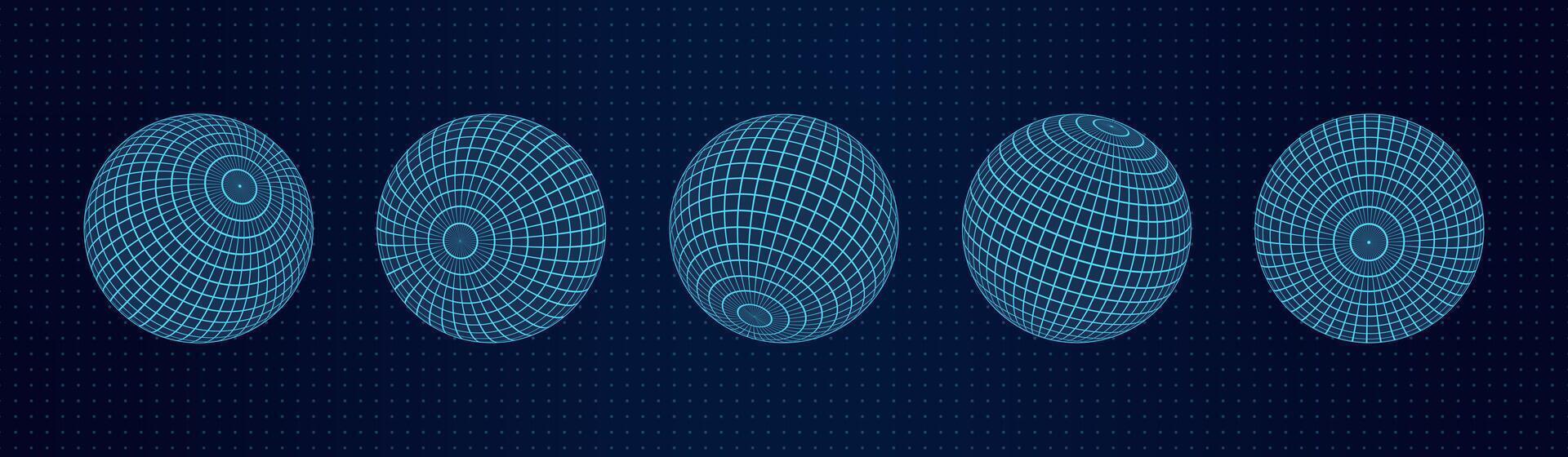 A set of 3D wireframe mesh spheres aligned on a dotted grid background. The abstract geometric shapes utilize a Y2K retro design combined with futuristic digital elements. vector