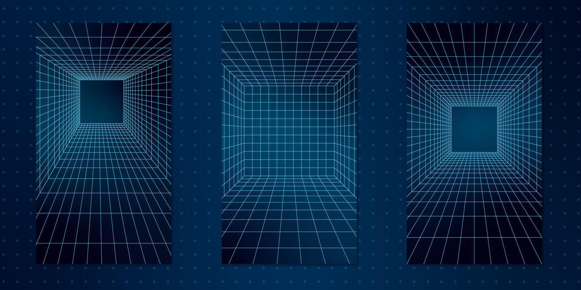 Abstract 3D geometric shapes forming wireframe grid structures. Neon blue lines on a dark background create a retro futuristic y2k tech aesthetic. Perspective tunnels and cyber elements. vector