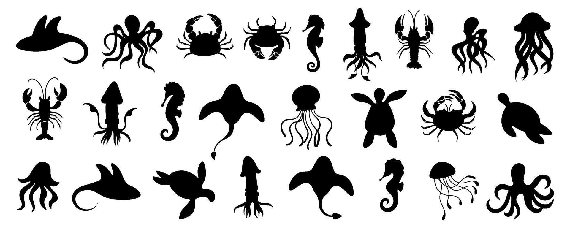 Silhouette collection of underwater marine animals against a white background. Includes a variety of sea creatures, such as octopus, crab, seahorse, and jellyfish. Ocean life set. vector