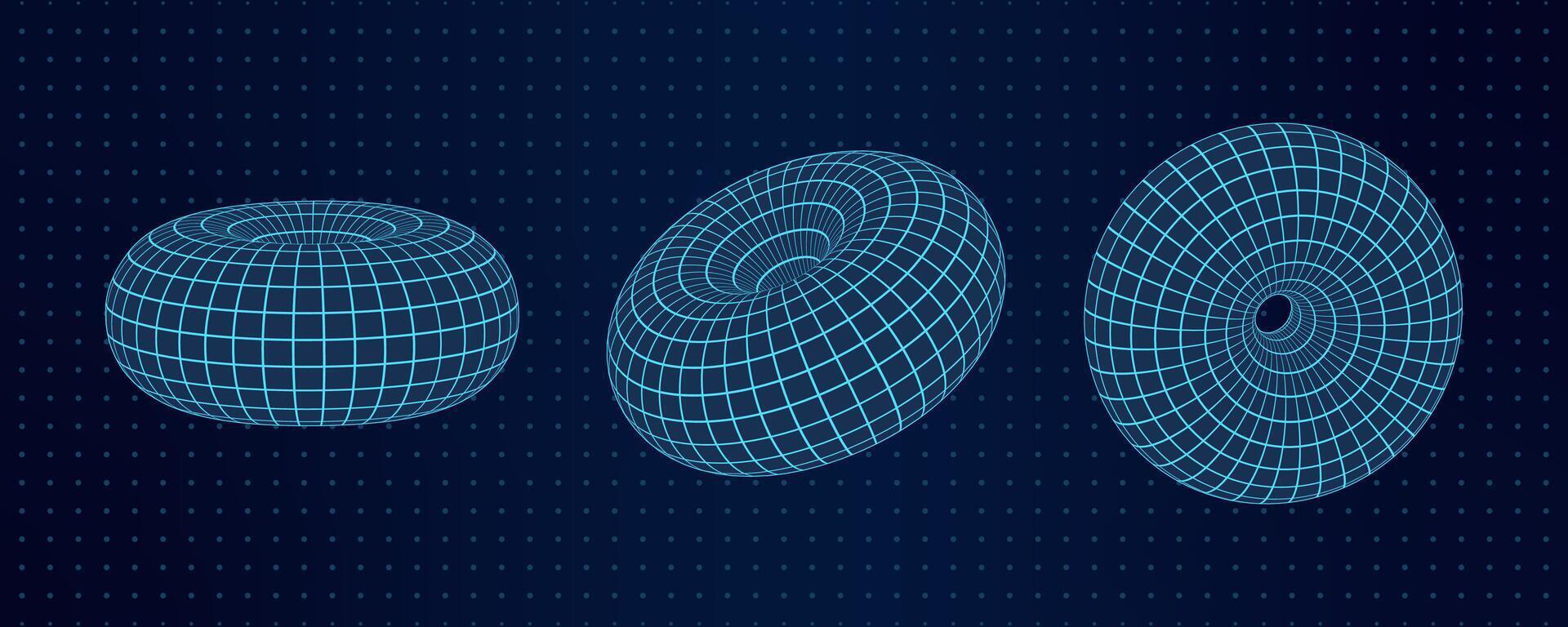 This image features three 3D wireframe mesh toruses positioned against a dotted grid background. The abstract geometric shapes exhibit a retro Y2K aesthetic with futuristic and digital design elements vector