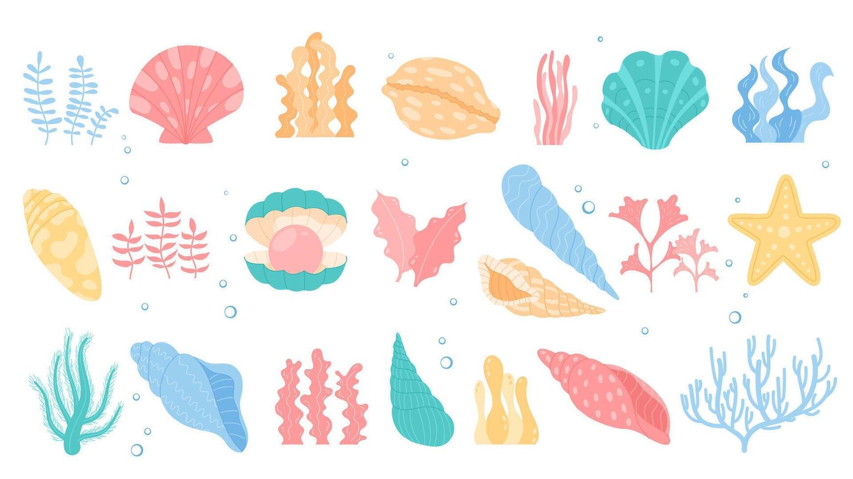 Colorful ocean animals and marine flora. Underwater cartoon shells, seaweed, kelp reef life set. Ocean aquarium with starfish star, isolated elements on white. vector