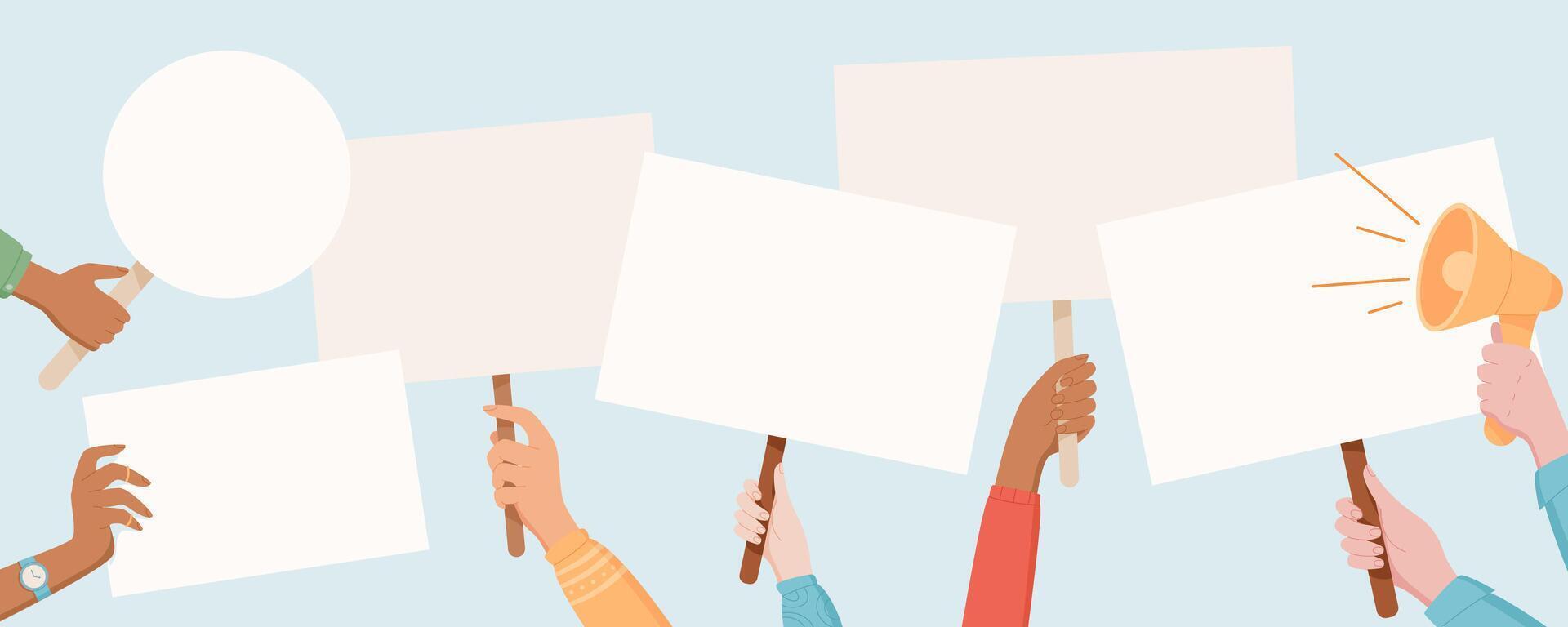 Protest signs are held high by a diverse hands. People raise placards and banners with a strong message. Human hand lift blank boards, showing unity, solidarity and support in the demonstration. vector