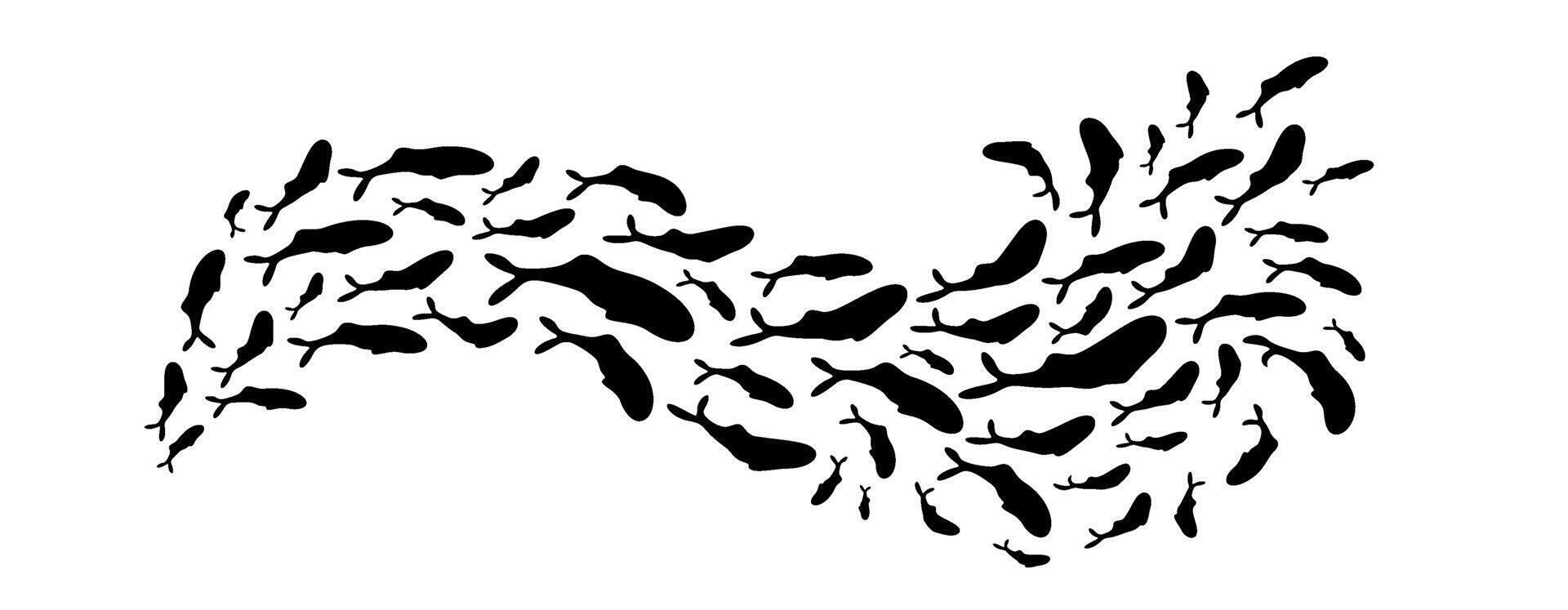 A school of fish in a wave silhouette pattern. This underwater scene captures the essence of marine life in the ocean, forming unique shapes in the water. For border ornament or logo design. vector