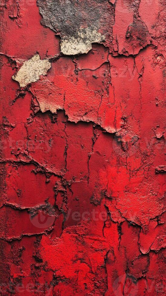 Red wall with cracked paint reveals layers of texture and color in an urban setting photo