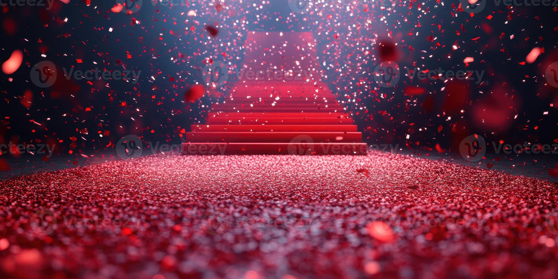 Red carpet entrance with cascading rose petals creating a glamorous atmosphere for an event at night photo