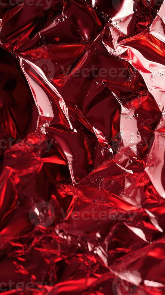 Shimmering red crumpled foil reflecting light in intriguing patterns during a close-up study photo