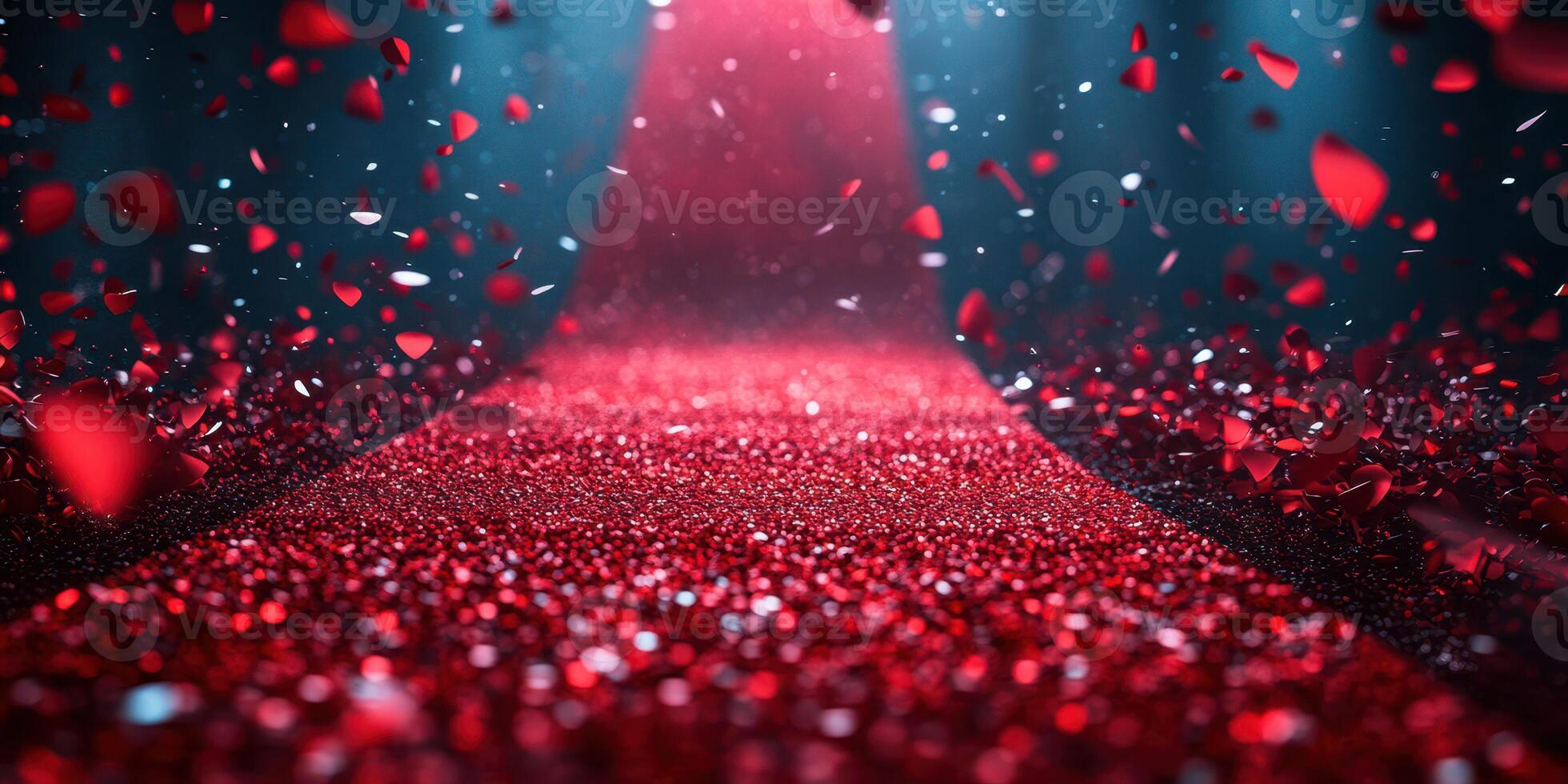 Sparkling red carpet adorned with rose petals and shimmering confetti in a glamorous setting photo