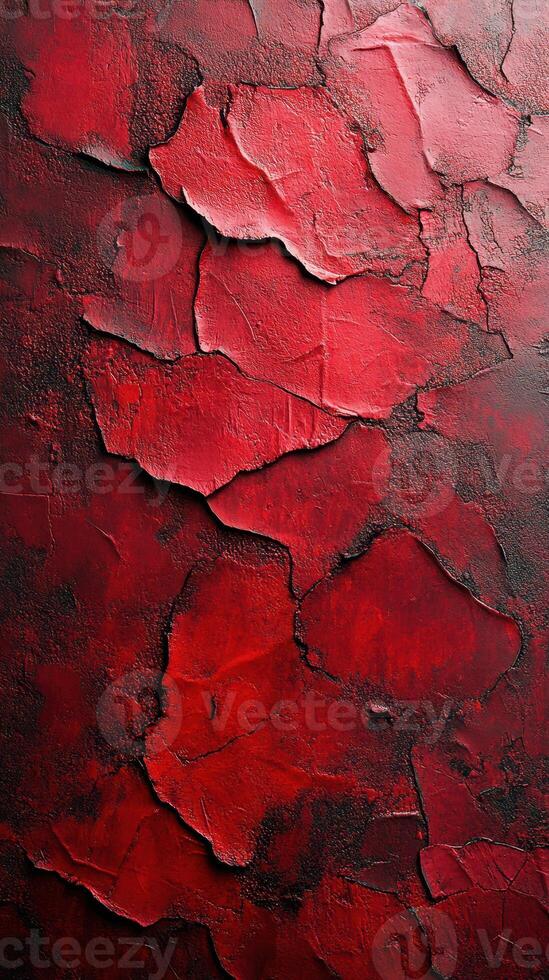 Textured red wall exhibiting deep cracks and layers adds an artistic touch to modern decor in a contemporary setting photo