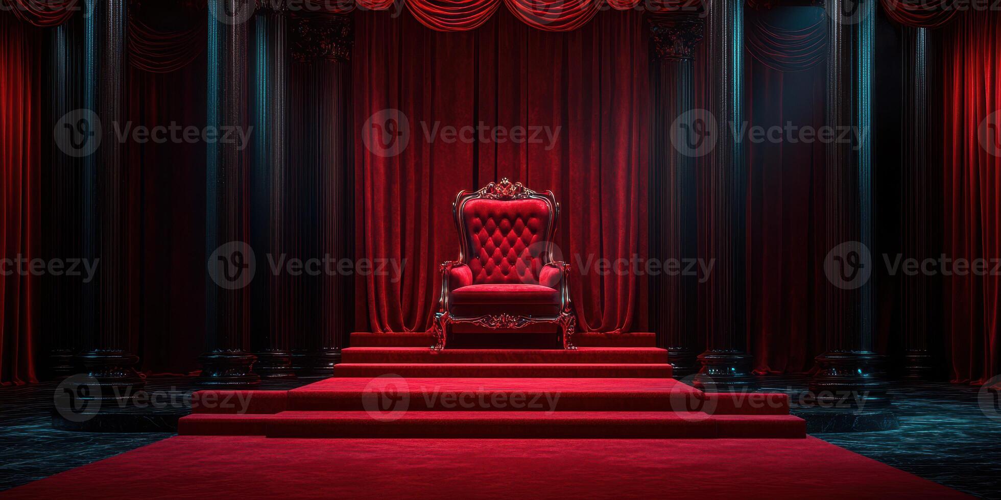 Majestic red velvet throne on a grand stage with dark pillars and luxurious drapery photo