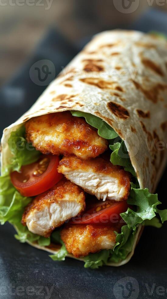Delicious wrap filled with crispy chicken, fresh lettuce, and ripe tomatoes, perfect for a quick meal at any time photo