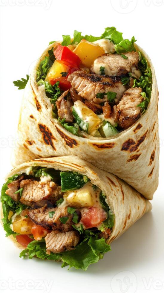Delicious grilled chicken wraps filled with fresh vegetables served on a white background photo
