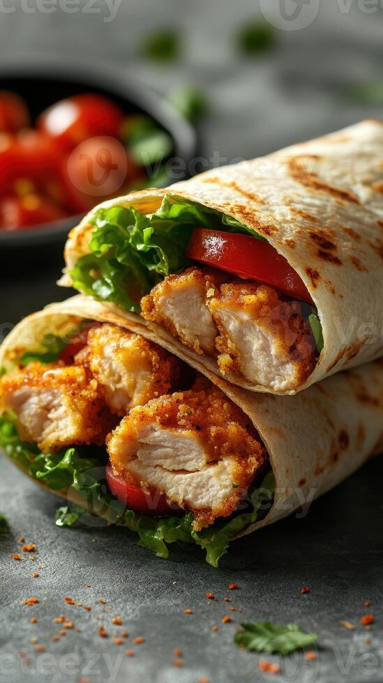 Delicious crispy chicken wraps with fresh vegetables and a side of cherry tomatoes prepared in a cozy kitchen setting photo