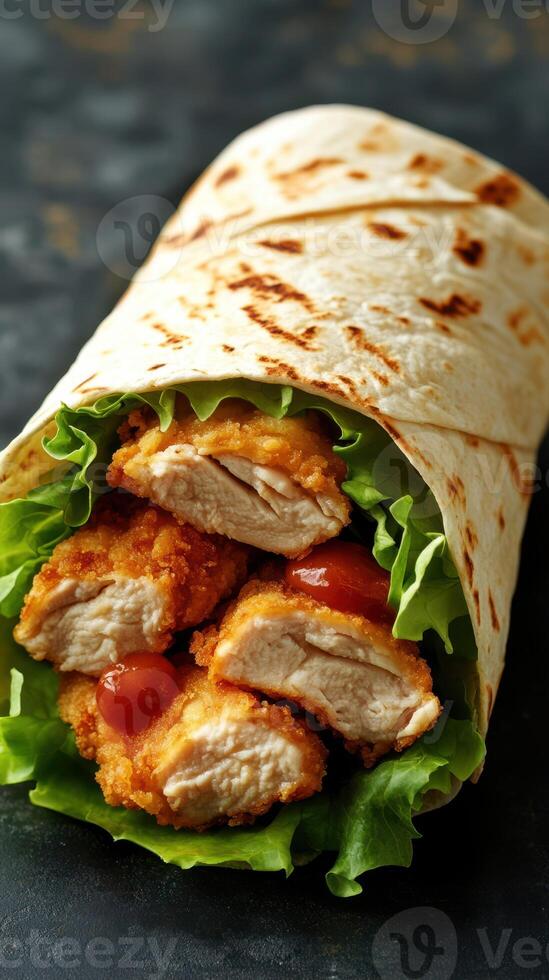 Crispy chicken wrap filled with lettuce and savory sauce at a casual dining setting photo