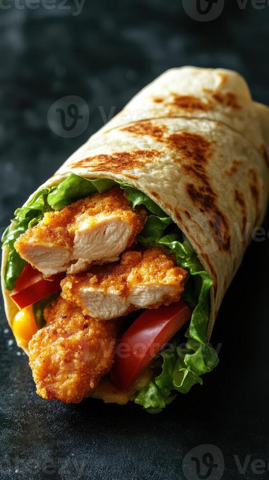 Crispy chicken wrap filled with fresh vegetables and soft tortilla served on a dark background photo