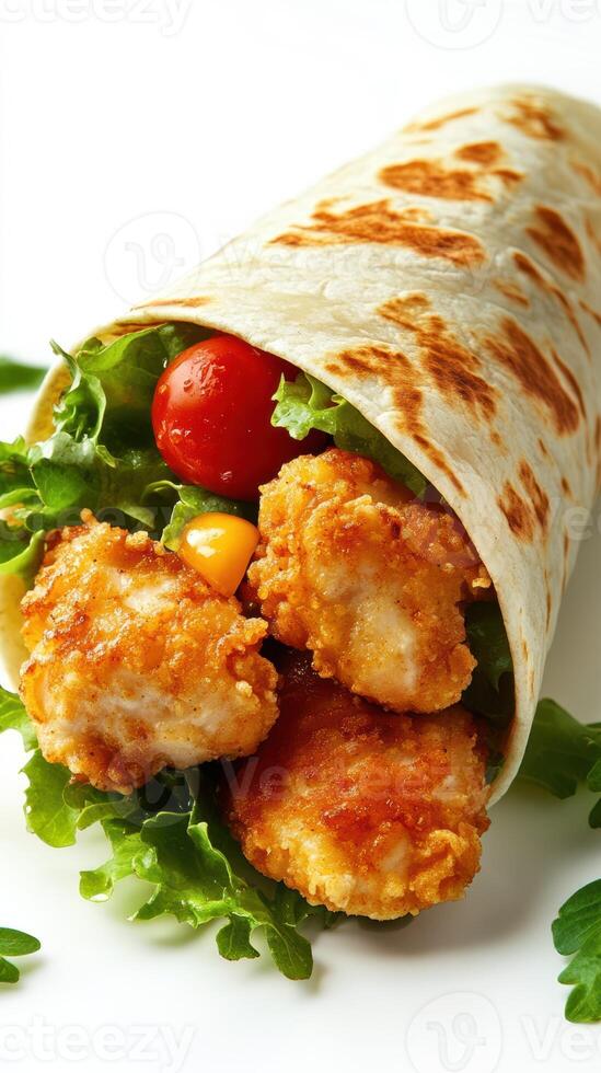 Crispy chicken wrap filled with fresh vegetables and tasty sauce photo