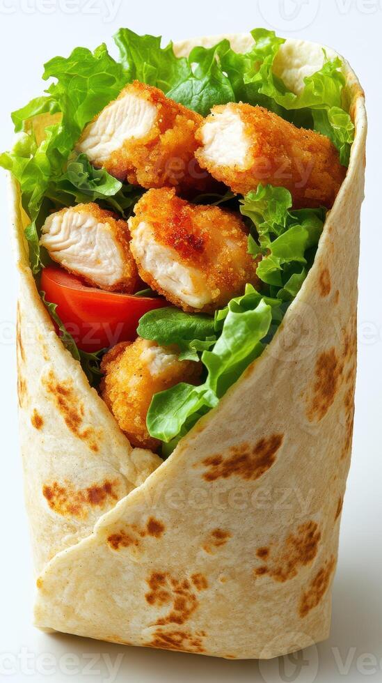 Crispy chicken wrap filled with fresh lettuce and tomato served on a textured background photo