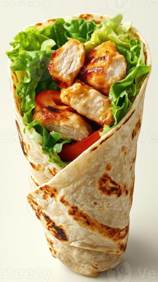 Grilled chicken wrap filled with fresh lettuce and tomatoes in a soft tortilla photo