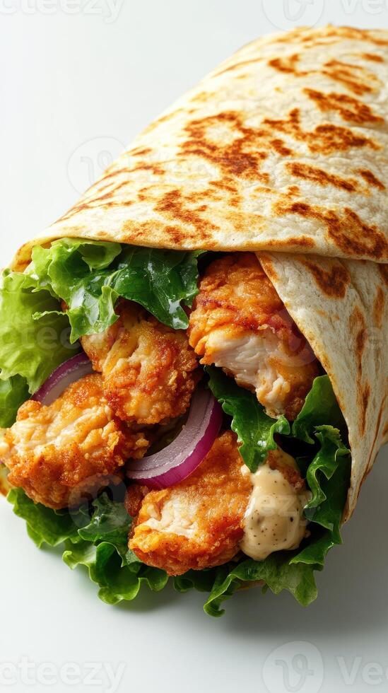 Delicious chicken wrap filled with crispy fried chicken, fresh lettuce, and tangy sauce on a sunny day photo