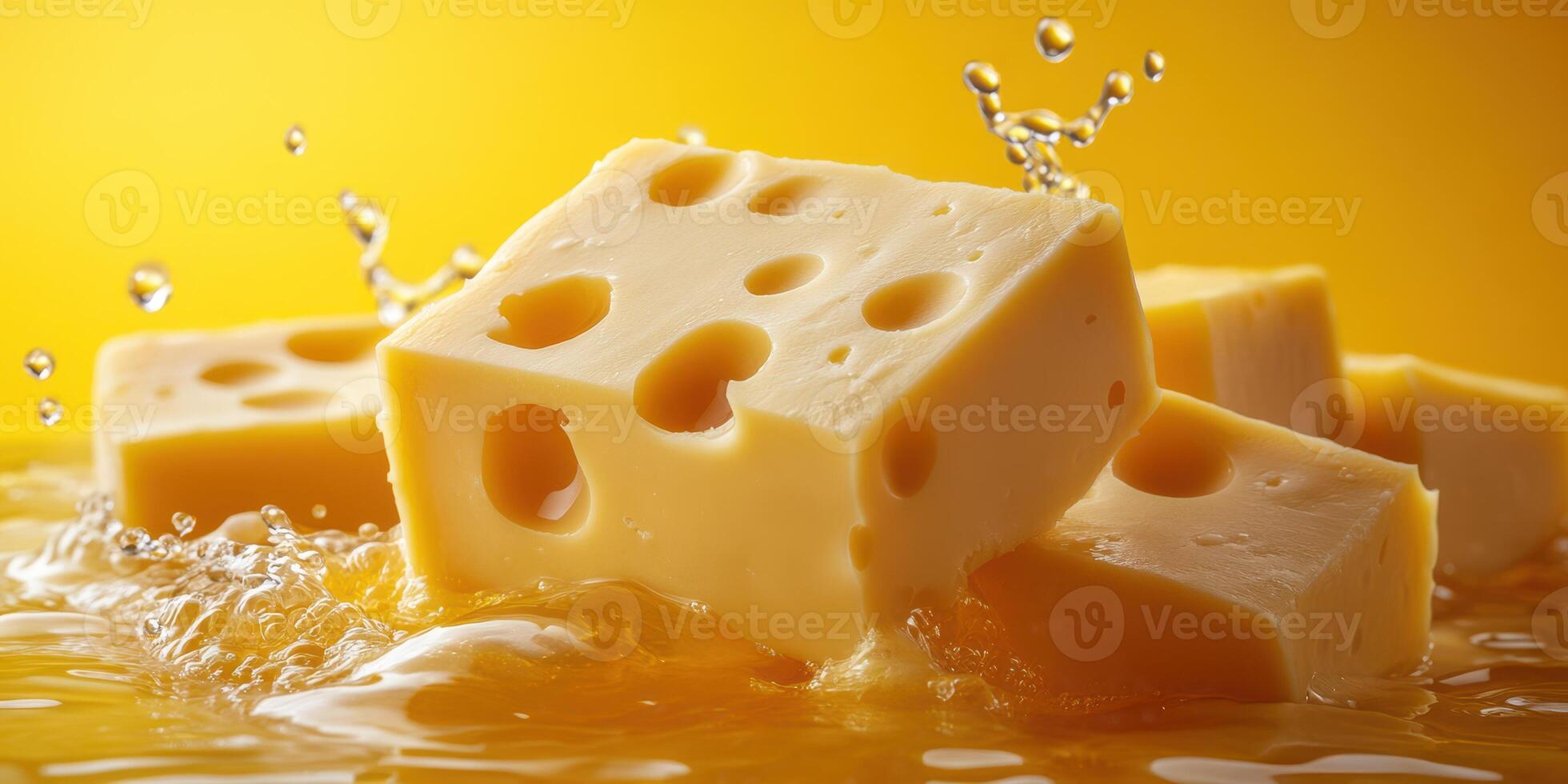 Cheddar cheese blocks splashing in creamy sauce against a vibrant yellow background photo